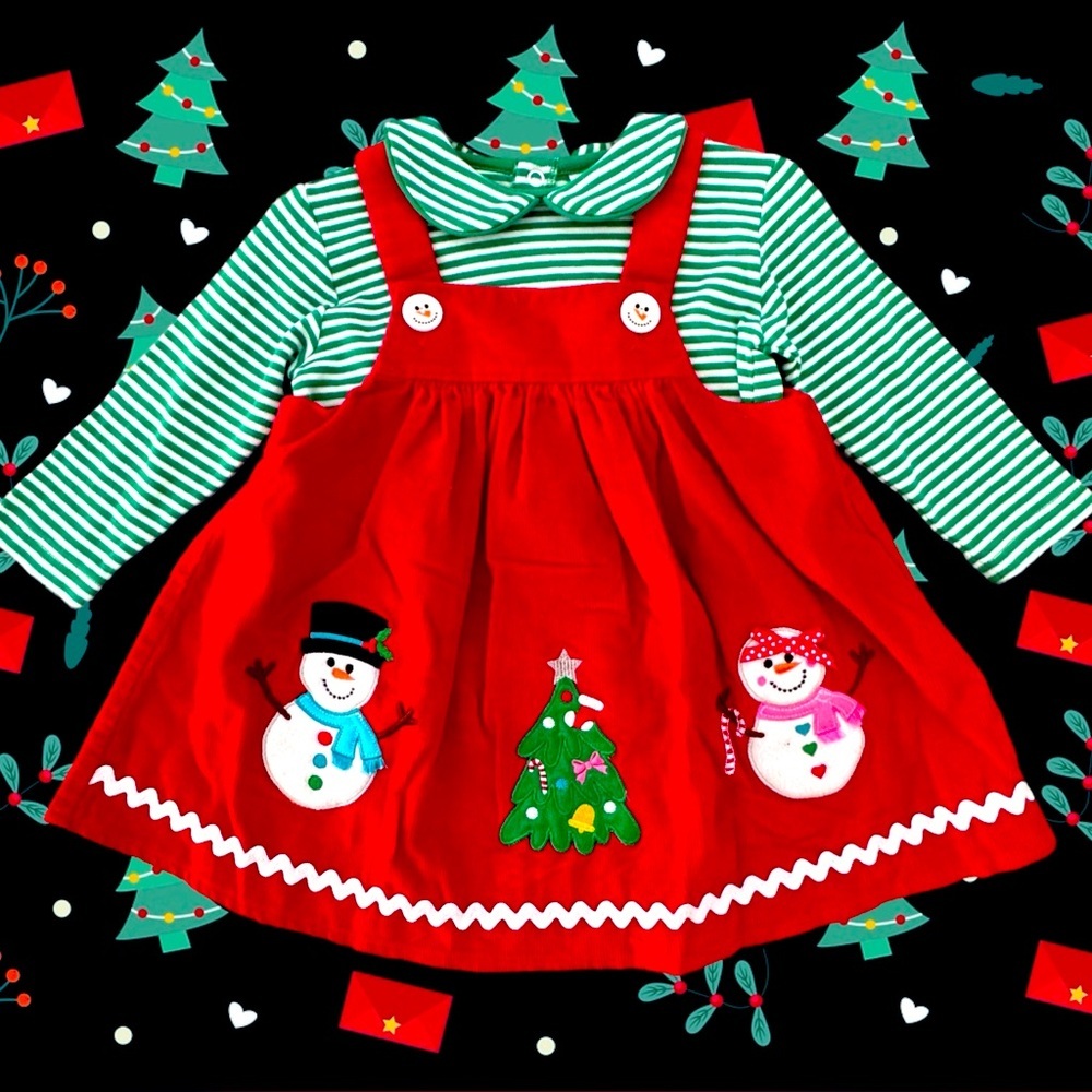 Red Corduroy Appliquéd Christmas Jumper & Green/White Stripe Long Sleeve Top 18M